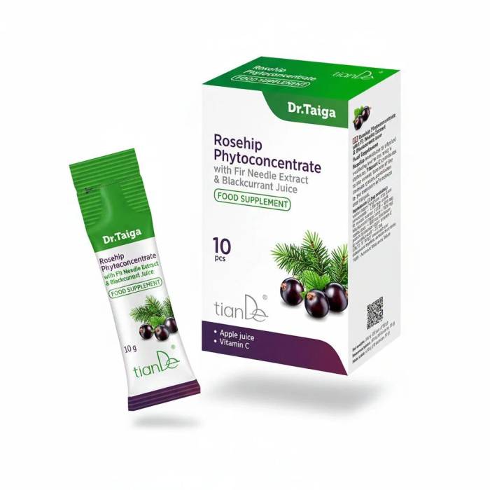 Fitoconcentrat cu extract de ace de brad, suc de măceșe și coacăze negre, 10buc*10g